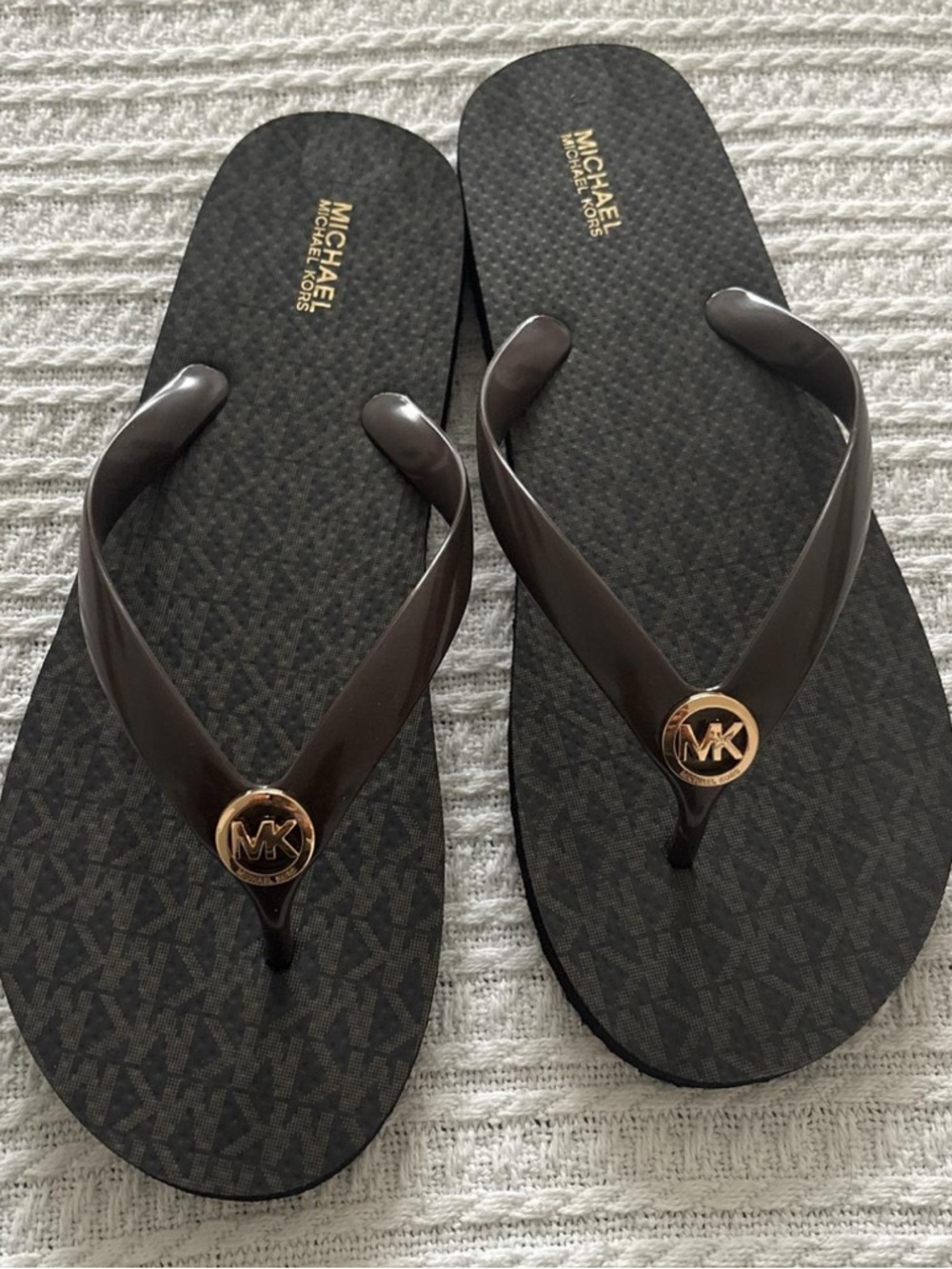 Michael Kors Dark Brown Flip Flops with Gold MK Medallion